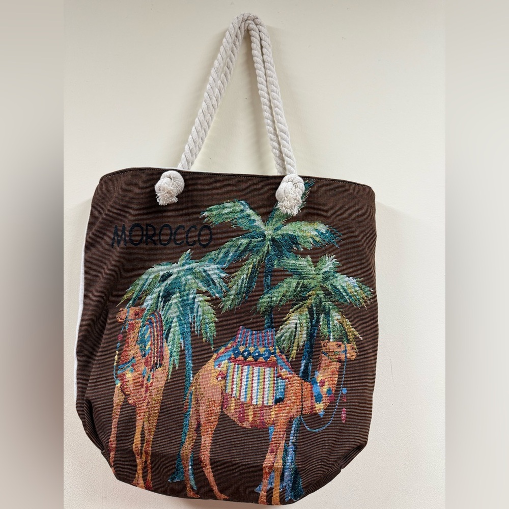 Brown Tote Canvas Bag with Camel and Palm Tree Design from Morocco